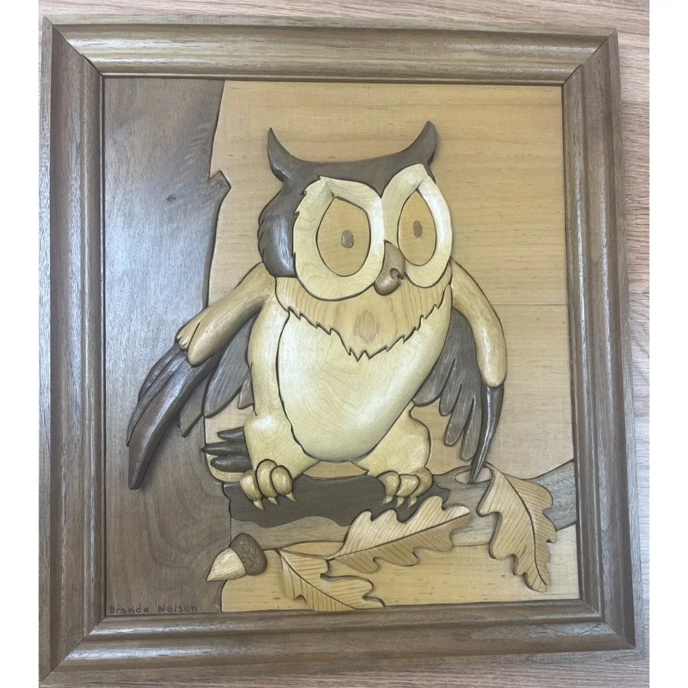 Vintage 3D Intarsia Wood Inlay‎ Owl Framed Wall Hanging Art 15